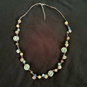 Ethel & Myrtle necklace 34-35 inches long, 3 inch extender. Blue/brown/silver.